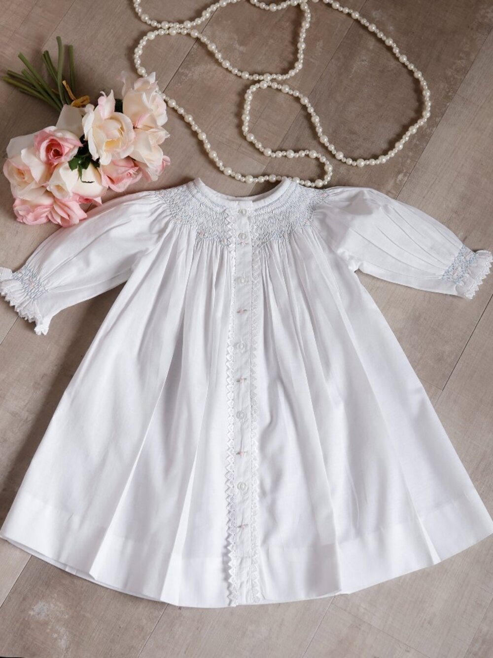 White Smocked Dress 100% Cotton Long Sleeve Bishop DayGown Embroidered Lace RARE